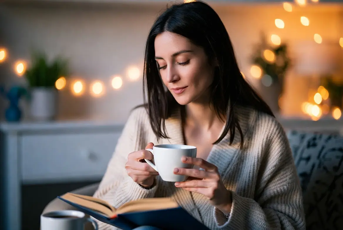 energia feminina — mulher em rotina noturna de desaceleração e autocuidado