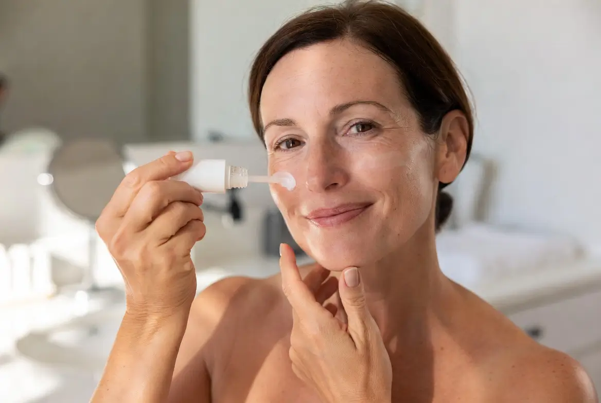 pele madura — mulher 40+ aplicando skincare em rotina de cuidados diários